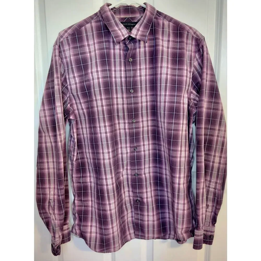 Banana Republic Mens Large Plaid Button Up Shirt 16-16.5 Purple Ombre 100 Cotton